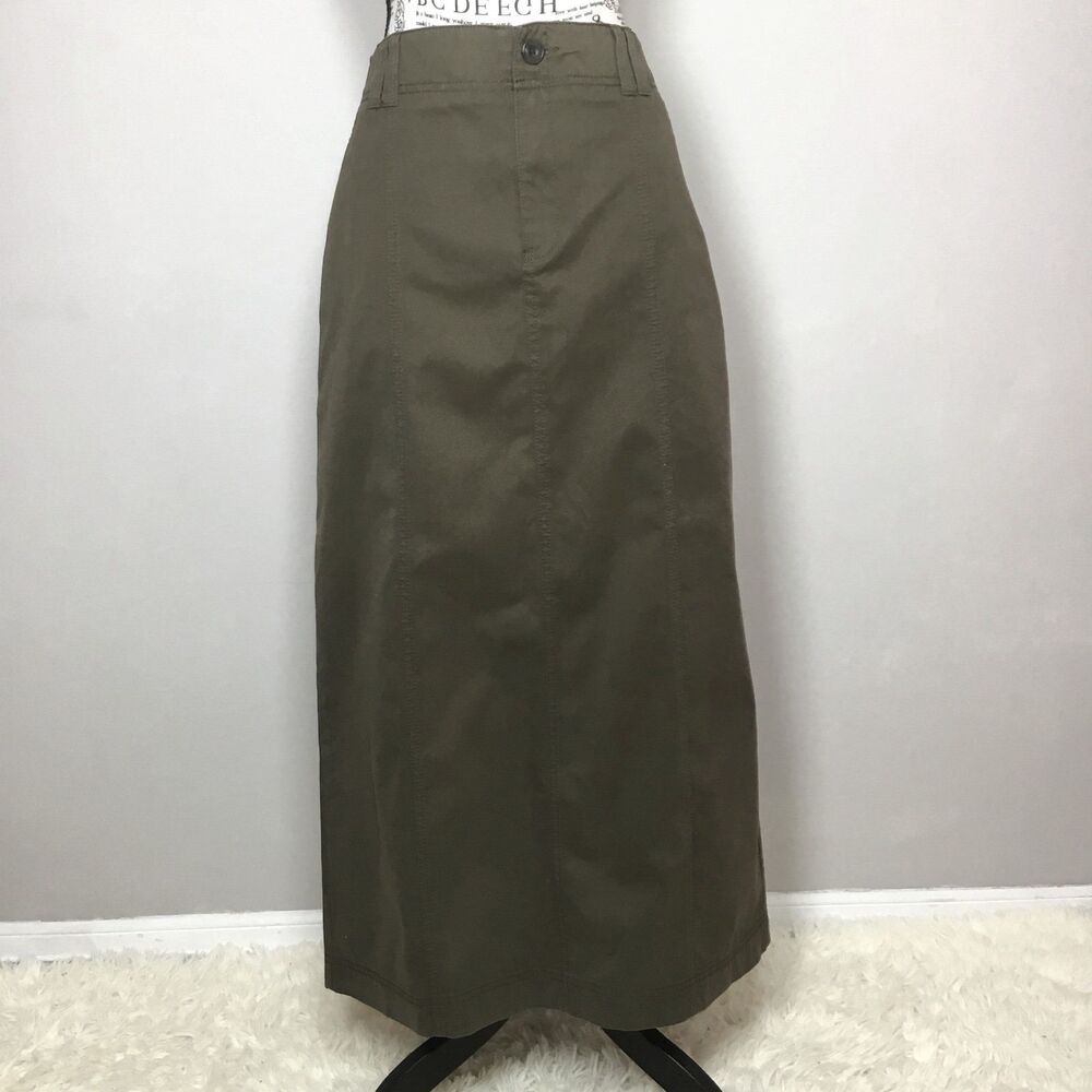Olive brown utility maxi skirt cotton two front pockets belt loops waist 33" M